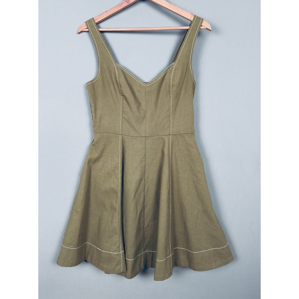 In February Erin Fit & Flare Linen Blend Olive Green Smocked Back Size Small